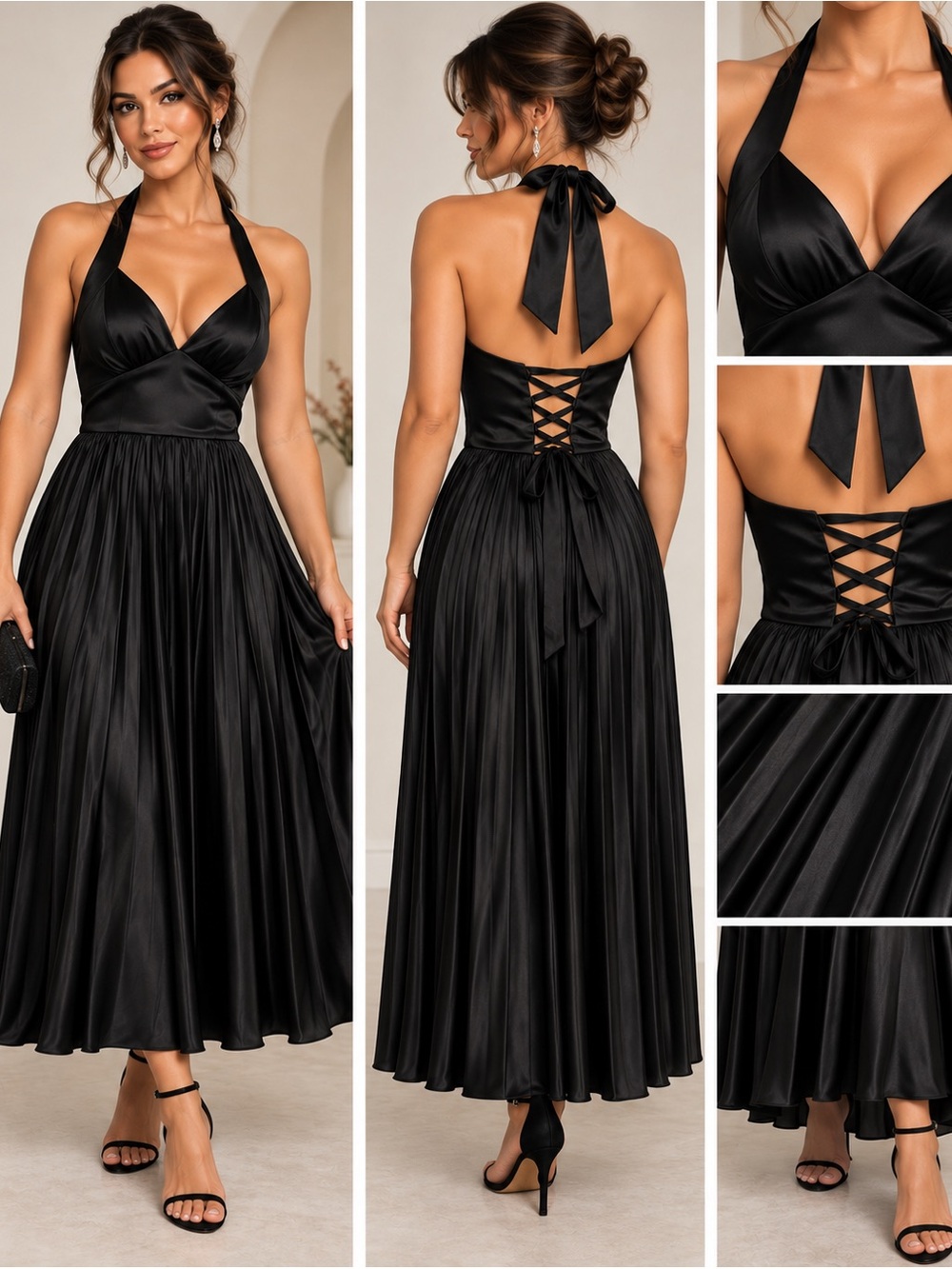 Fashion Class Black Satin Halter Corset Back Maxi Dress Size 4 NWT